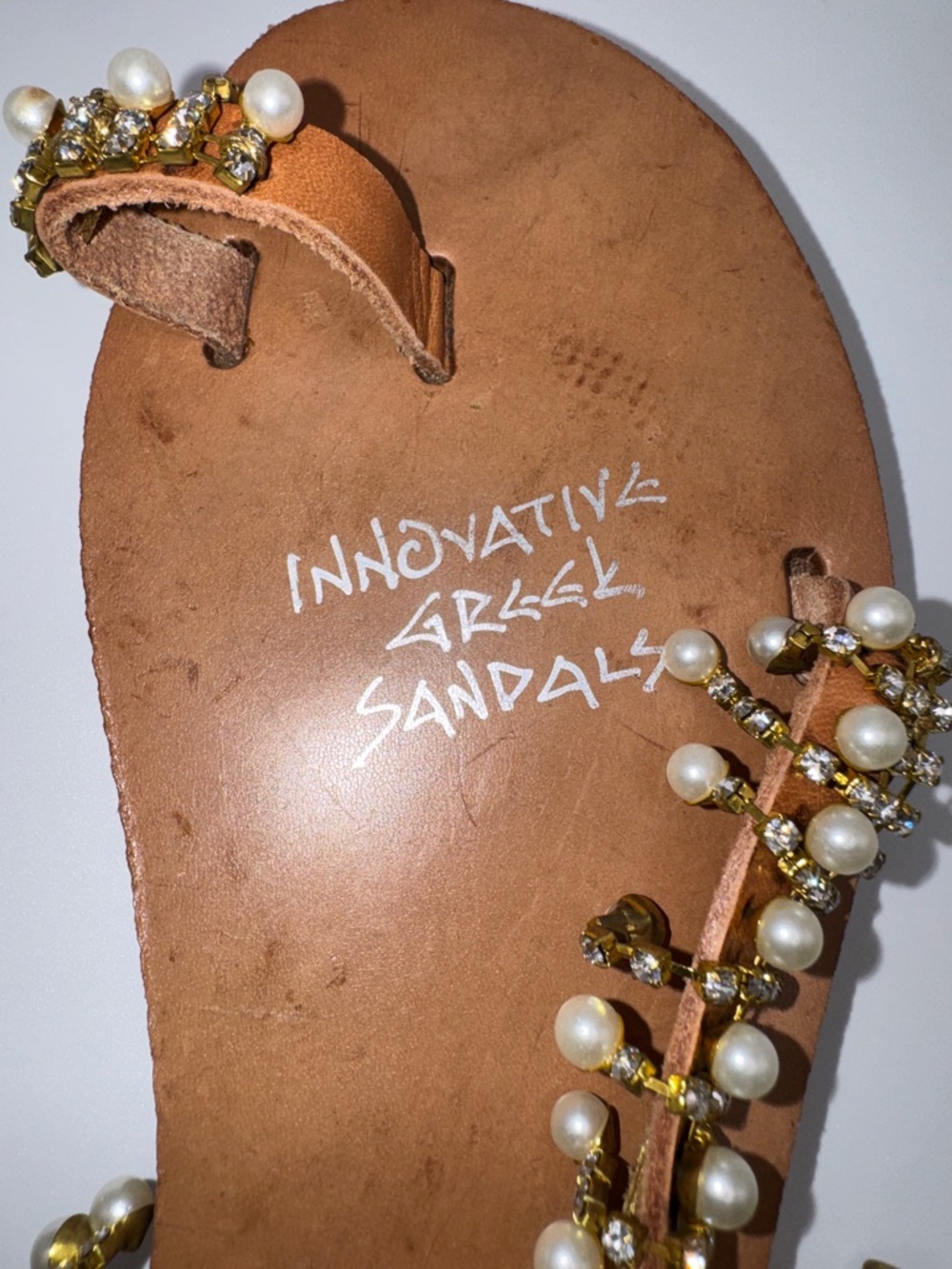 Innovative Greek Sandals GSP Real Leather Pearl Rhinestone Gold Flat Sandal - Picture 15 of 16